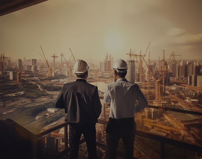 2 engineers on top floor of a construction site